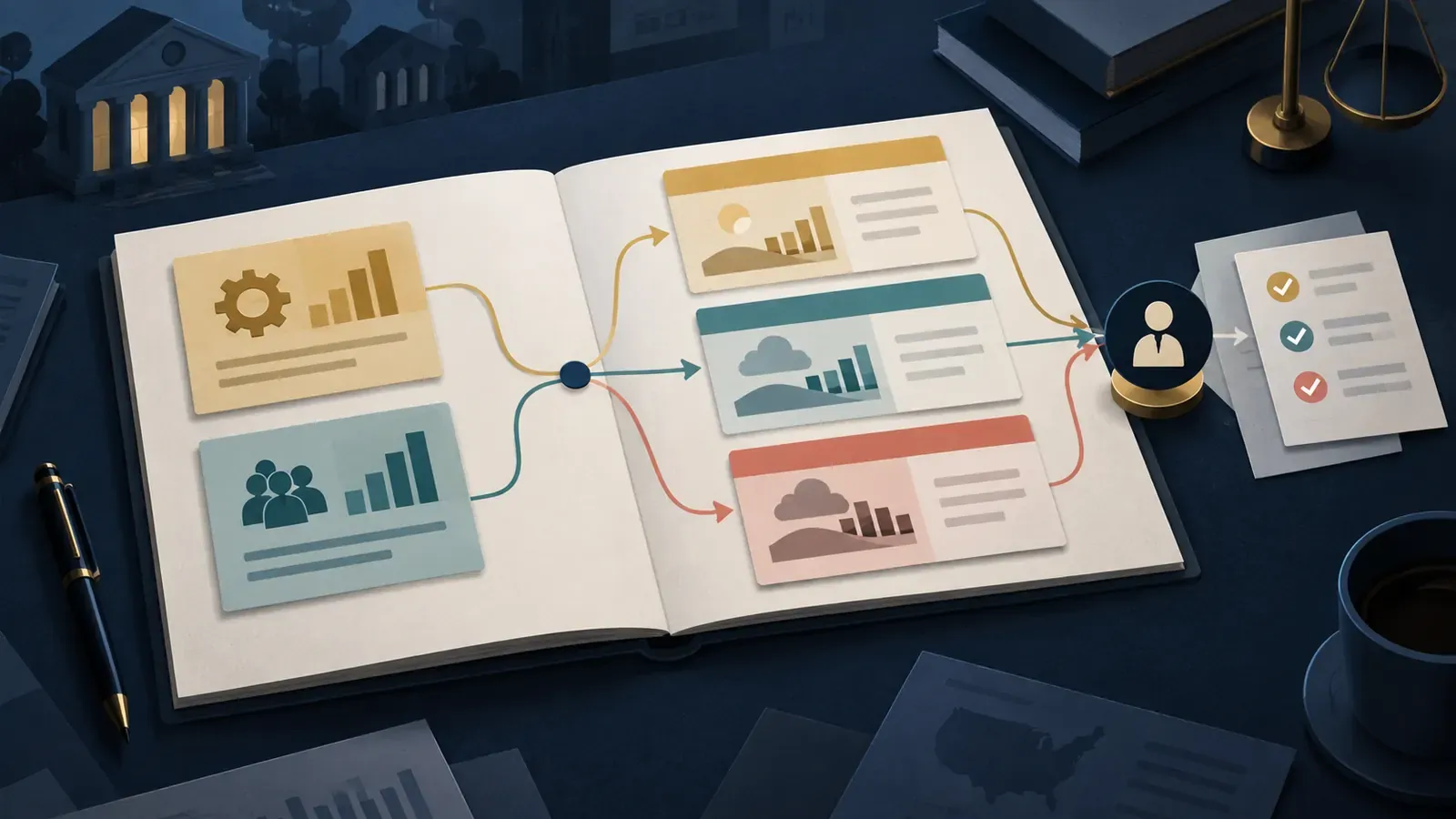 A three-path scenario notebook connects bank efficiency and competition evidence to a human lending-conditions review