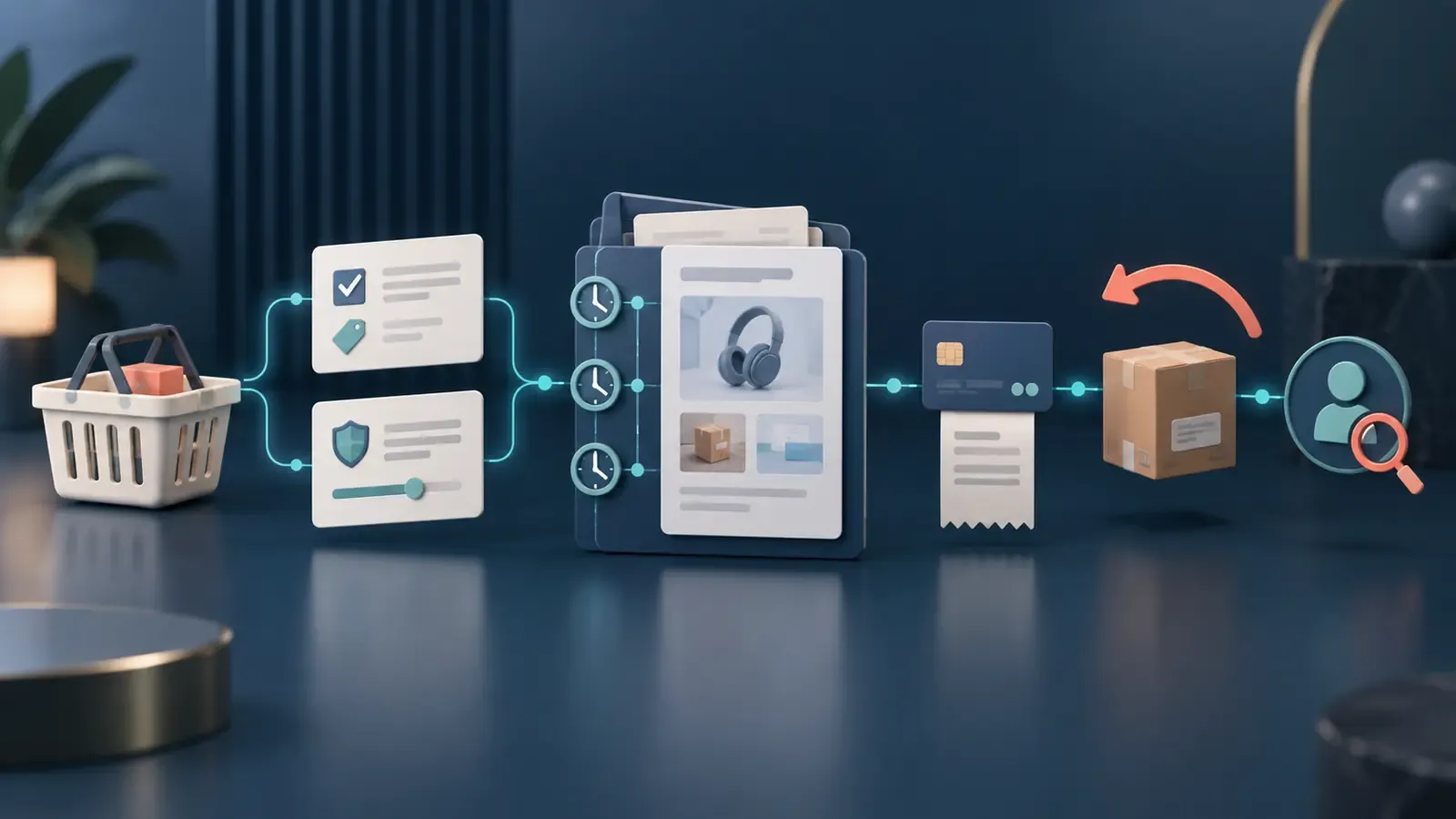 A shopping basket, policy cards, evidence dossier, payment receipt, parcel, and reviewer connected on a timeline