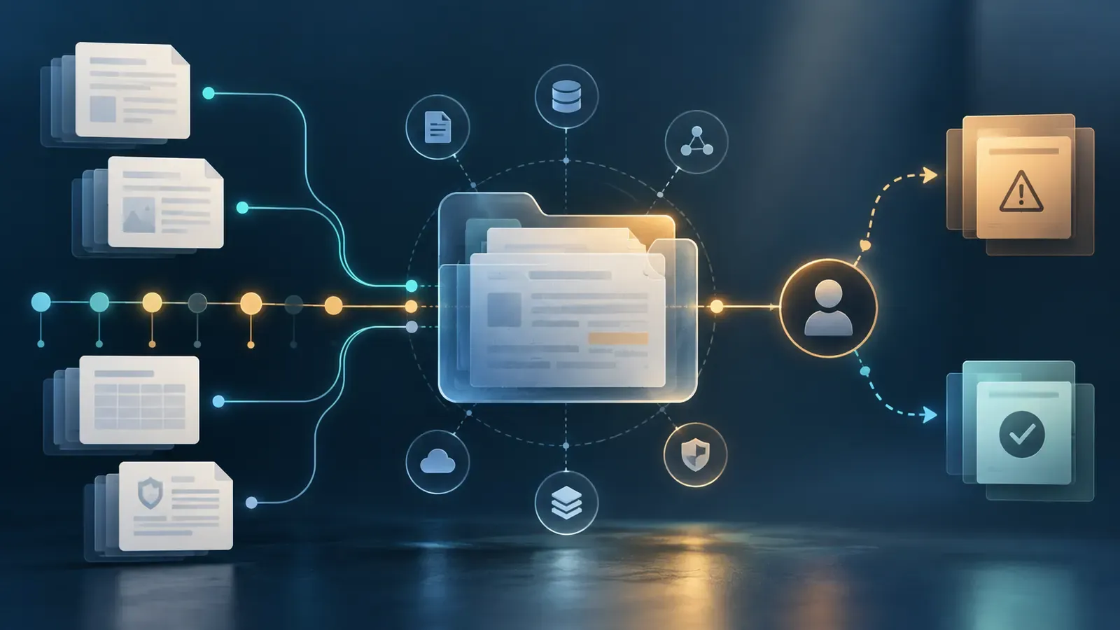 Abstract case-file workflow connecting source records, a human reviewer, and unresolved or verified evidence paths