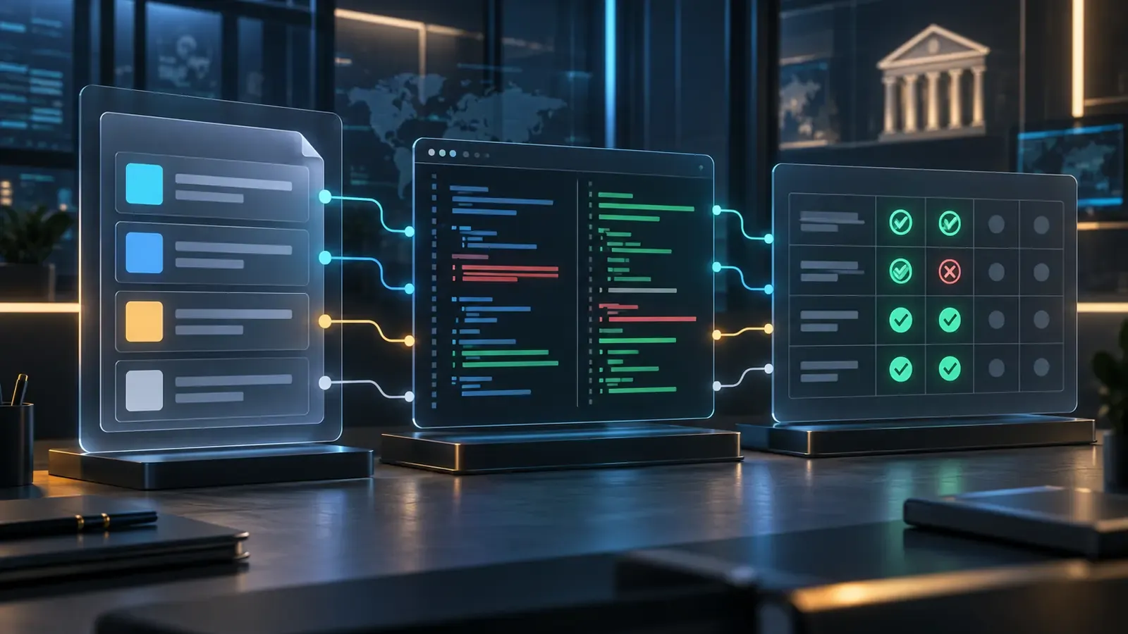 Abstract workflow linking banking requirements, code changes, and test verification evidence
