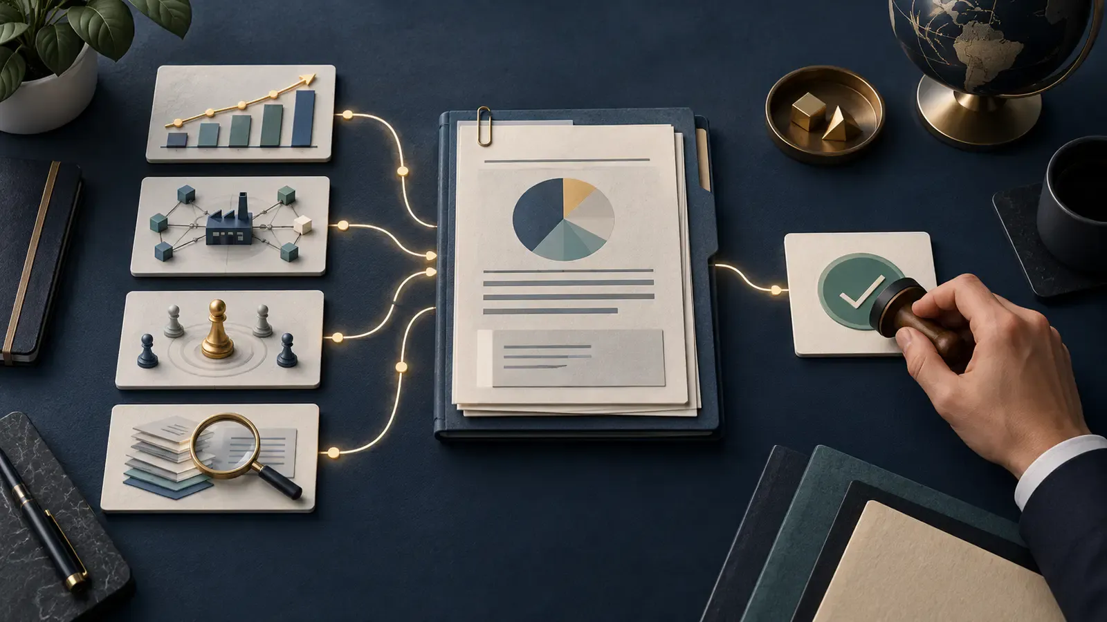 Evidence tiles flow into a portfolio review dossier and a human approval mark