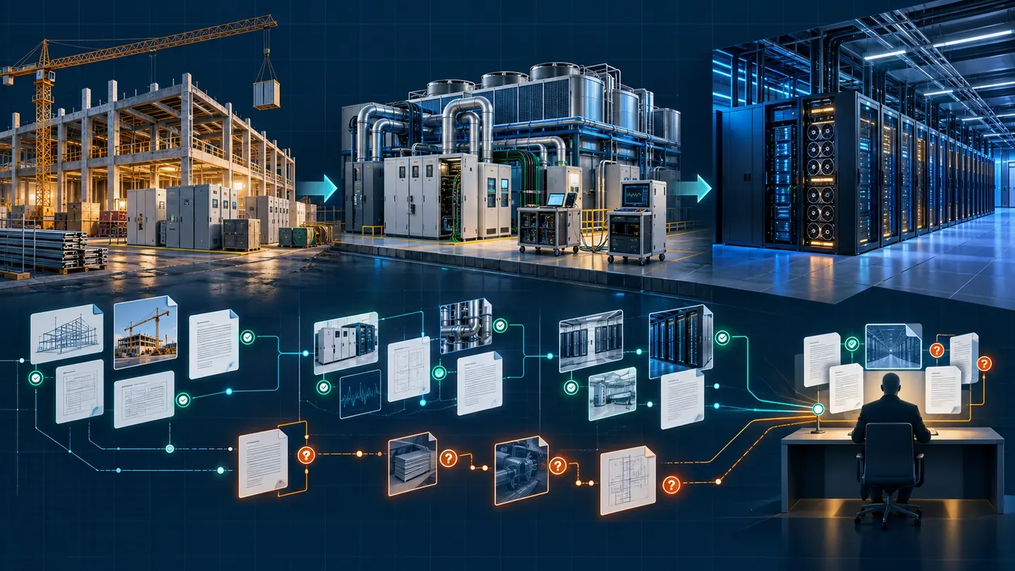 Construction, commissioning, and operating data center stages connected to an evidence review workflow