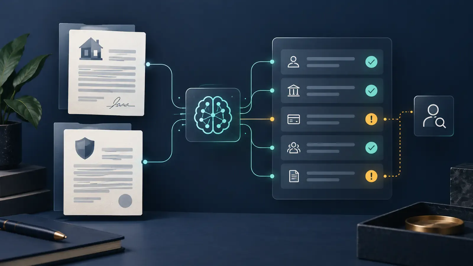 Abstract evidence workflow connecting estate documents to account and beneficiary records for human review