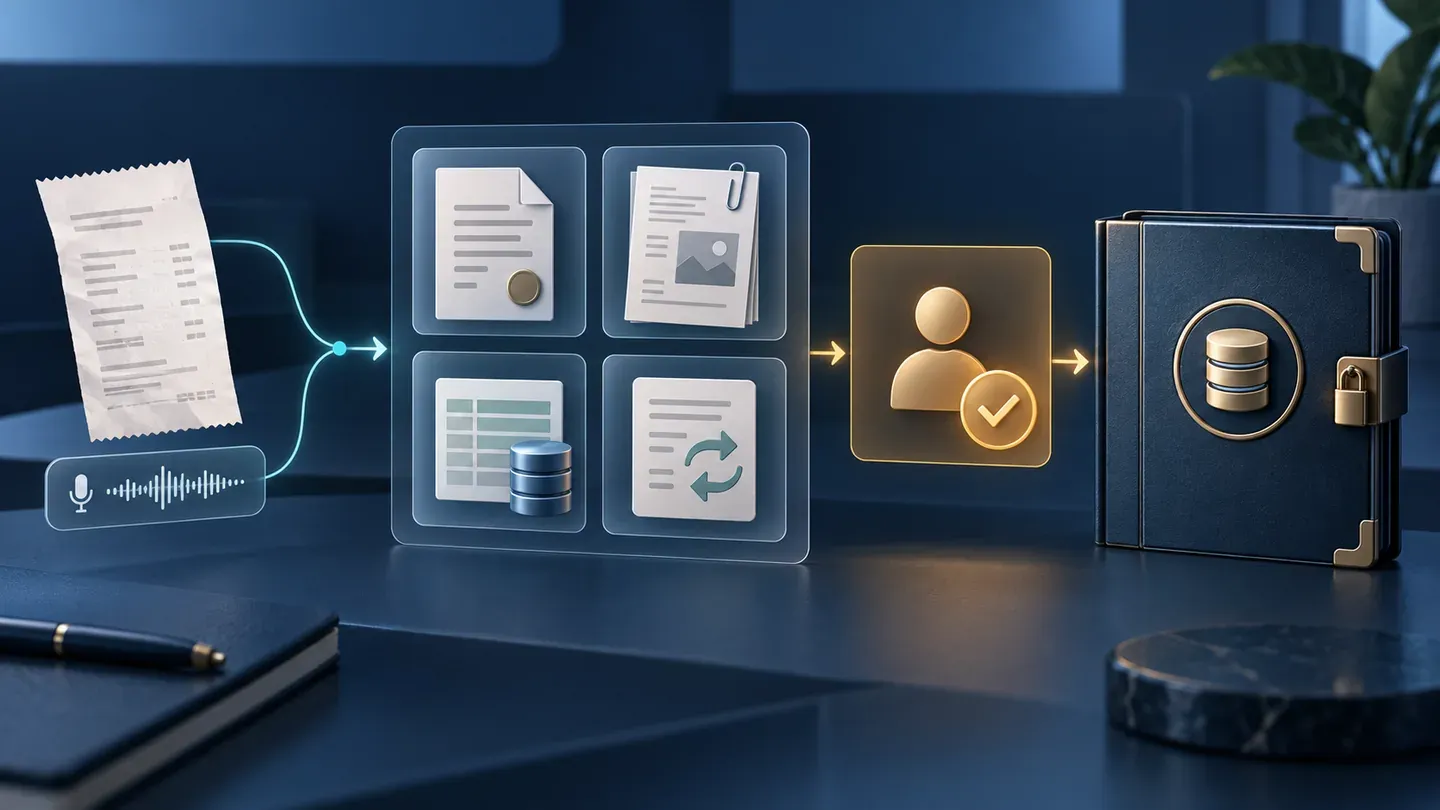 Receipt and voice input moving through evidence records, a human approval gate, and a secured ledger