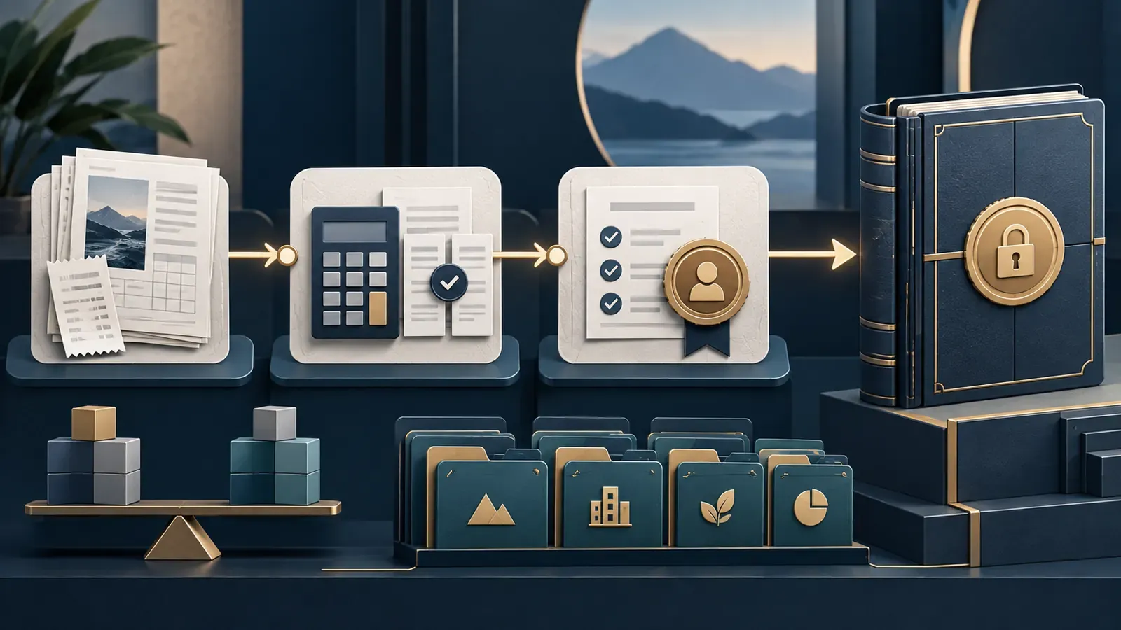 Evidence records, calculation review, approval gate, and a secured fund ledger shown as a fund administration workflow