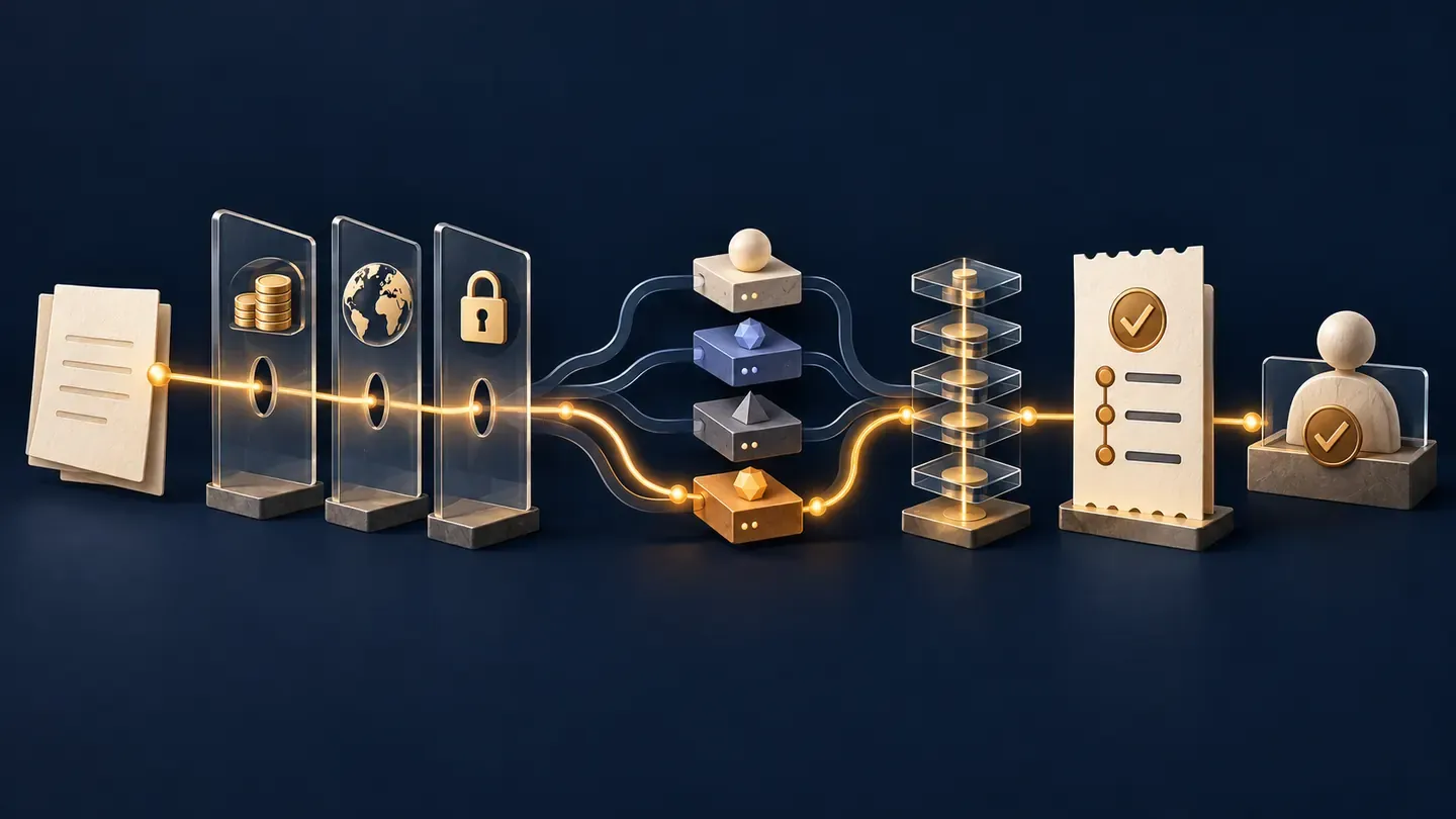 A request passes through cost, region, and data-handling gates before provider selection, metering, invoice matching, and human review
