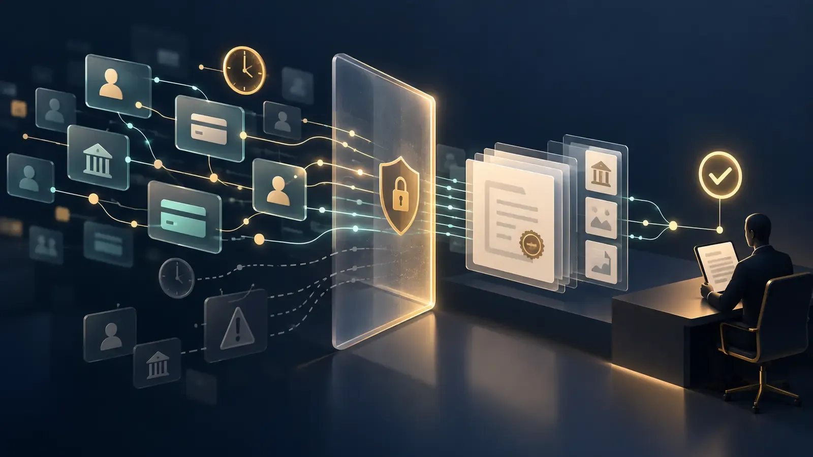 Abstract account and relationship records passing through a secure review boundary into an evidence sheet and human approval